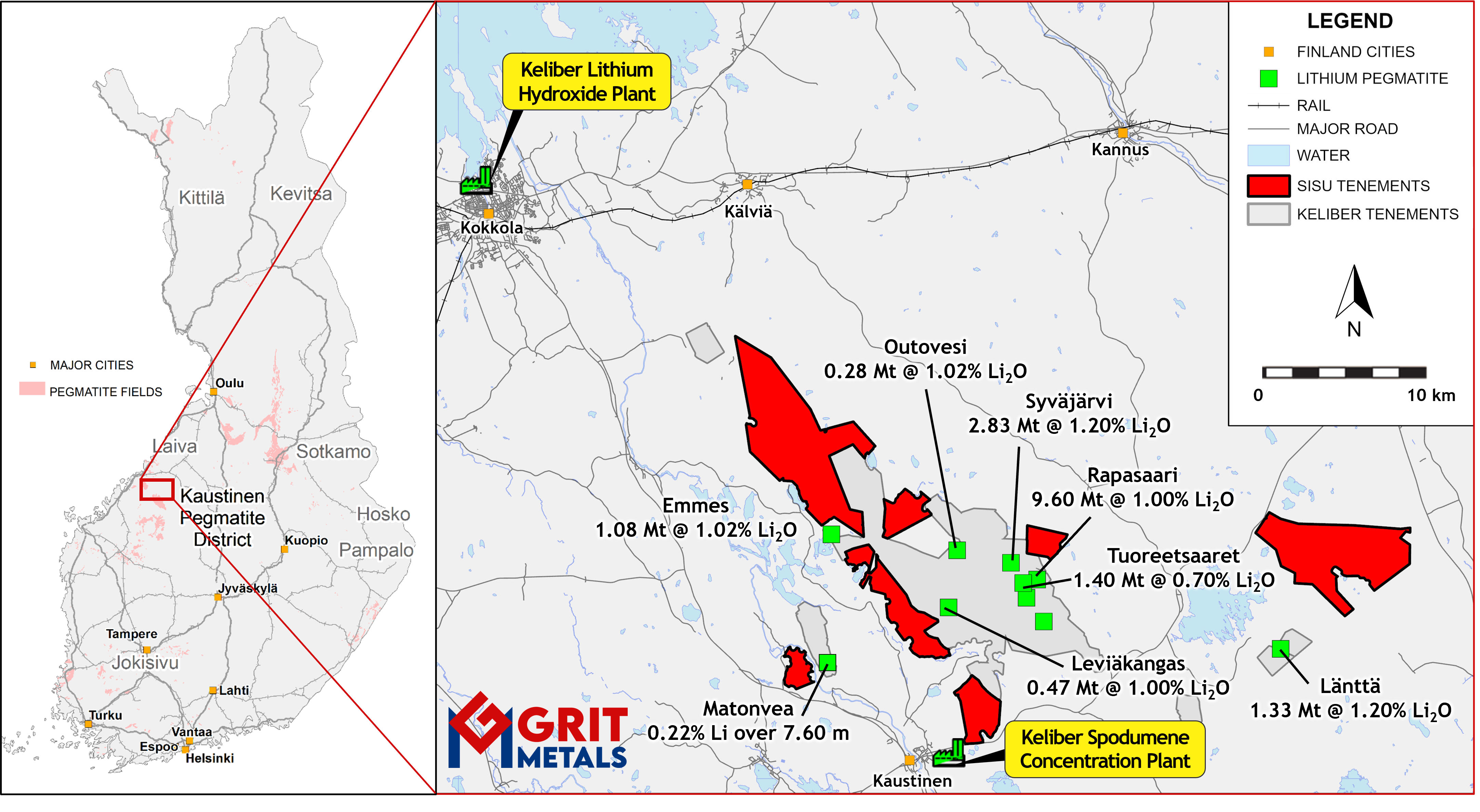 Map of Grit Metals exploration licences relative to the Keliber deposit cluster in central Finland
